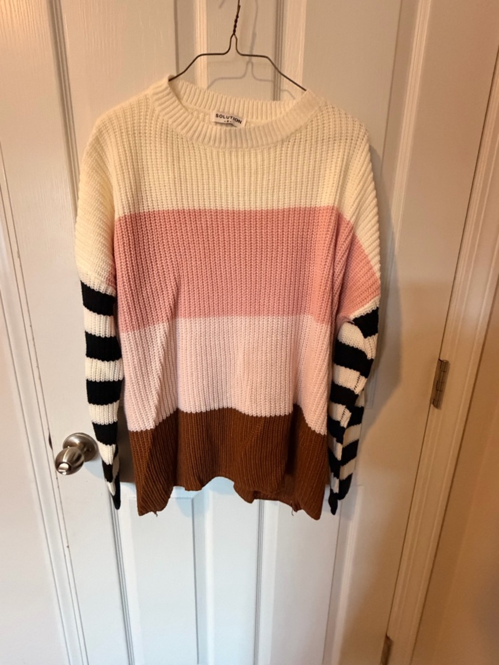Solution Colorblock Crewneck Sweater in Ivory, Pink & Brown